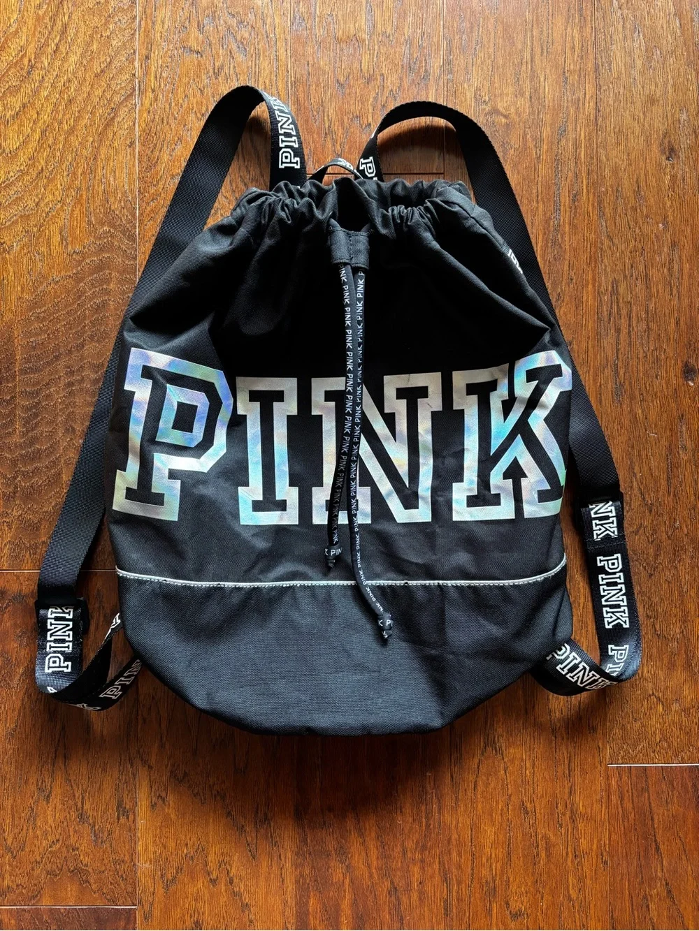 PINK Victoria’s Secret Black Holographic Logo Drawstring Backpack